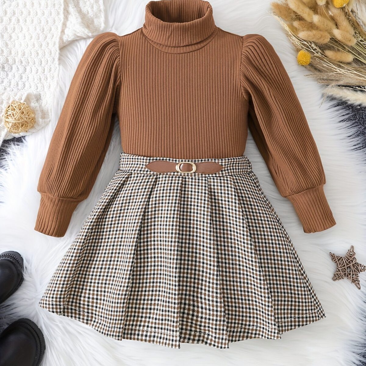 Adorable Newness toddler girl set featuring a cozy knit top and a chic houndstooth skirt perfect for fall and winter