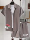 Mens rose flower print two piece outfit button up shirt and drawstring shorts set summer fashion