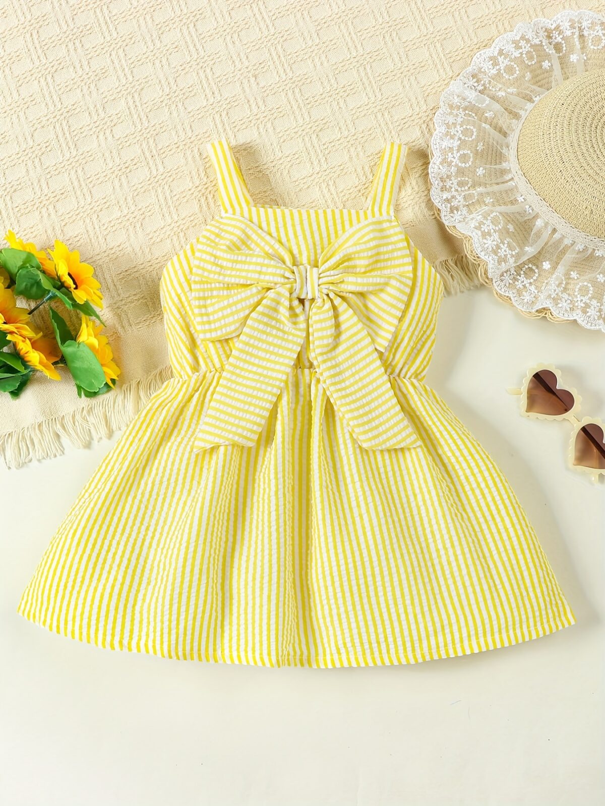 Adorable little girl wearing a stylish navy and white striped summer dress perfect for playdates and picnics She is smiling and looks happy