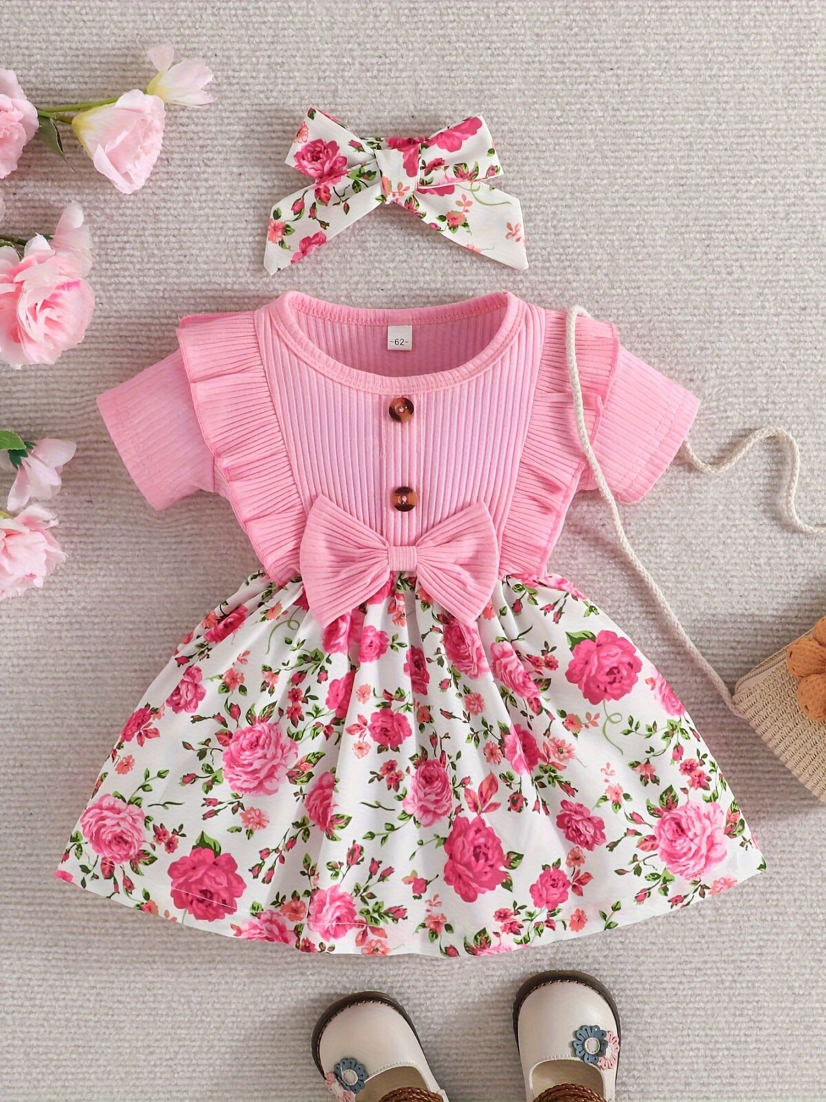 Adorable baby girl wearing a Summer Bloom floral dress perfect for summer