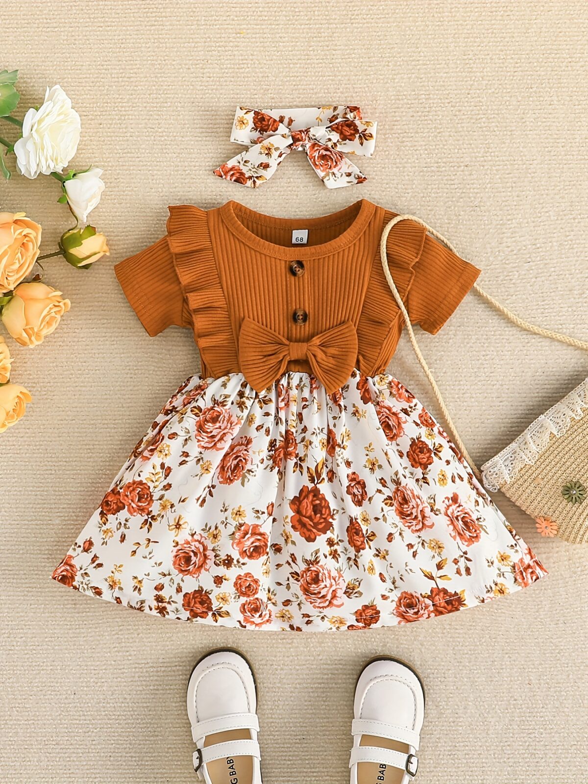 Adorable baby girl wearing a Summer Bloom floral dress perfect for summer