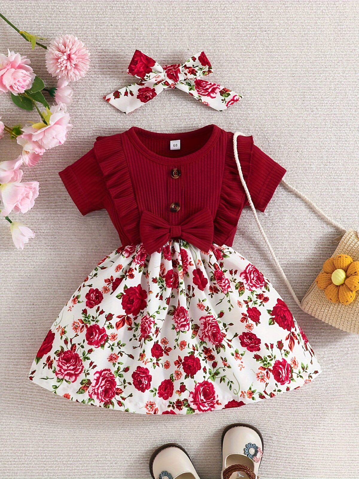 Adorable baby girl wearing a Summer Bloom floral dress perfect for summer