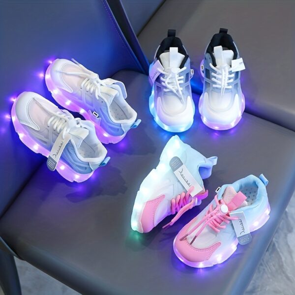Kids GUANGLAN Nova Glow Shoes lighting up at night showcasing their lightweight and durable design Perfect for nighttime play and adventures
