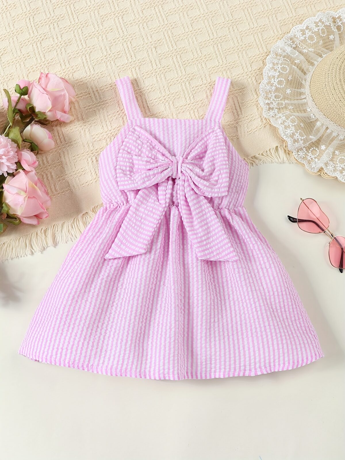 Adorable little girl wearing a stylish navy and white striped summer dress perfect for playdates and picnics She is smiling and looks happy