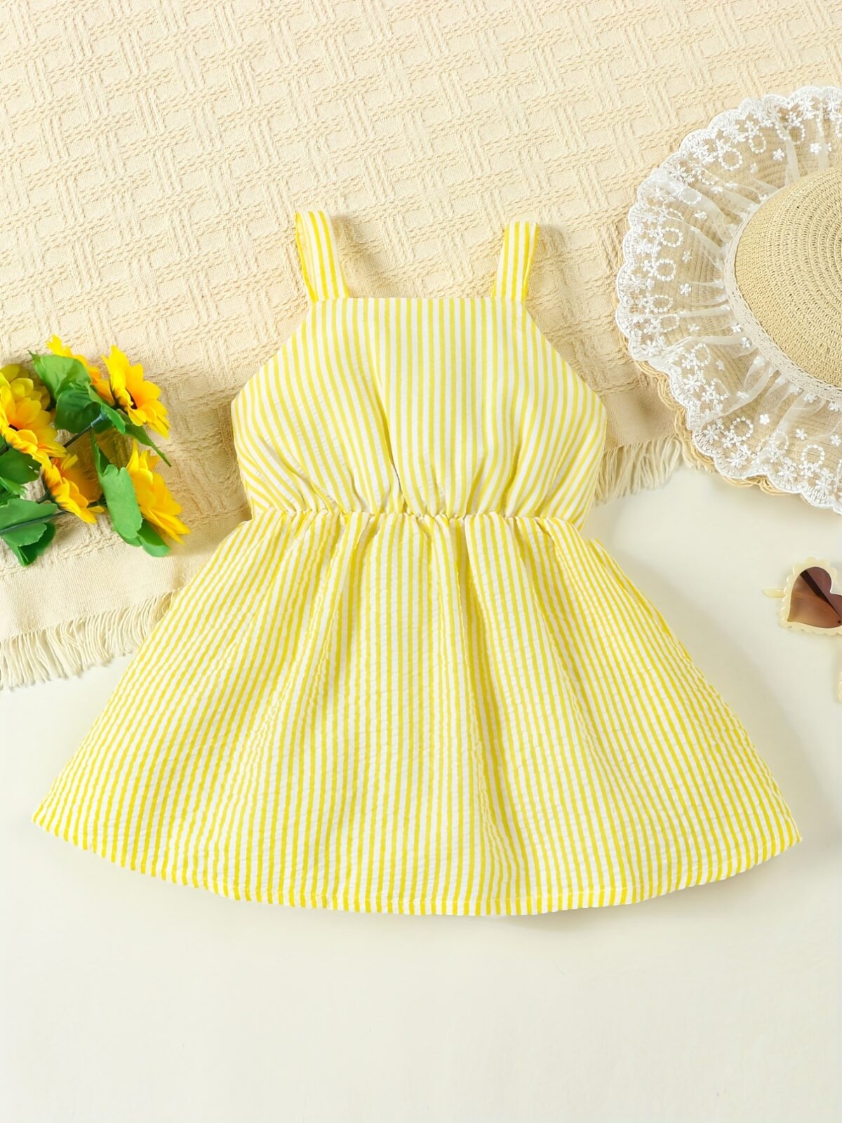 Adorable little girl wearing a stylish navy and white striped summer dress perfect for playdates and picnics She is smiling and looks happy