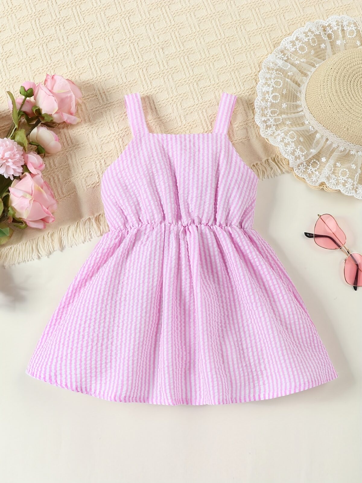 Adorable little girl wearing a stylish navy and white striped summer dress perfect for playdates and picnics She is smiling and looks happy