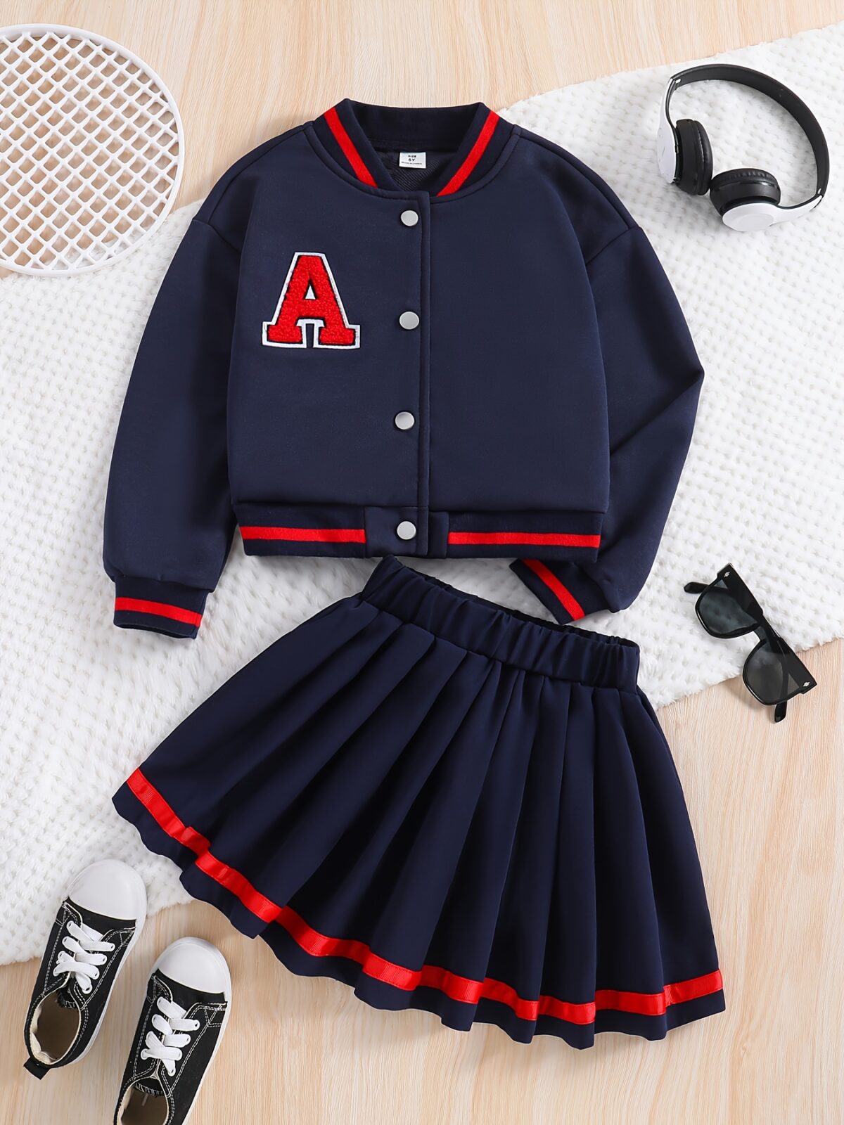 Stylish preppy varsity jacket and skirt set in navy and cream modeled on a student in a school setting