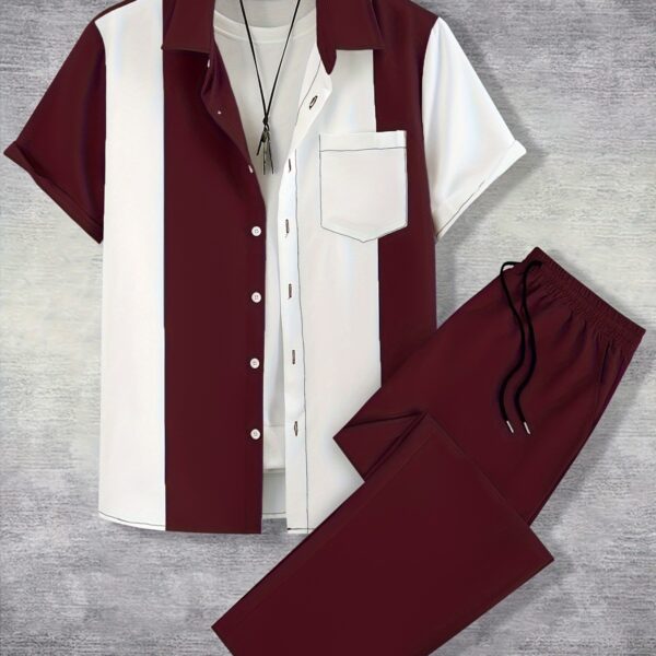 Stylish womens color block shirt set in premium polyester The two piece set features a modern design and offers all season comfort