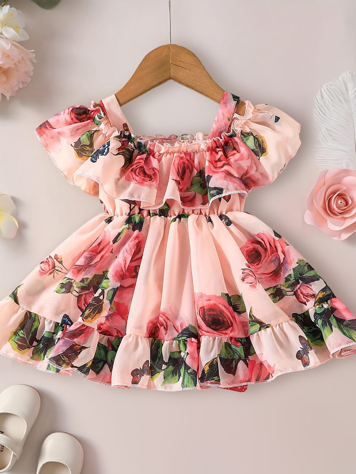 Adorable little girl twirling in a beautiful rose garden floral print dress Perfect summer outfit for kids