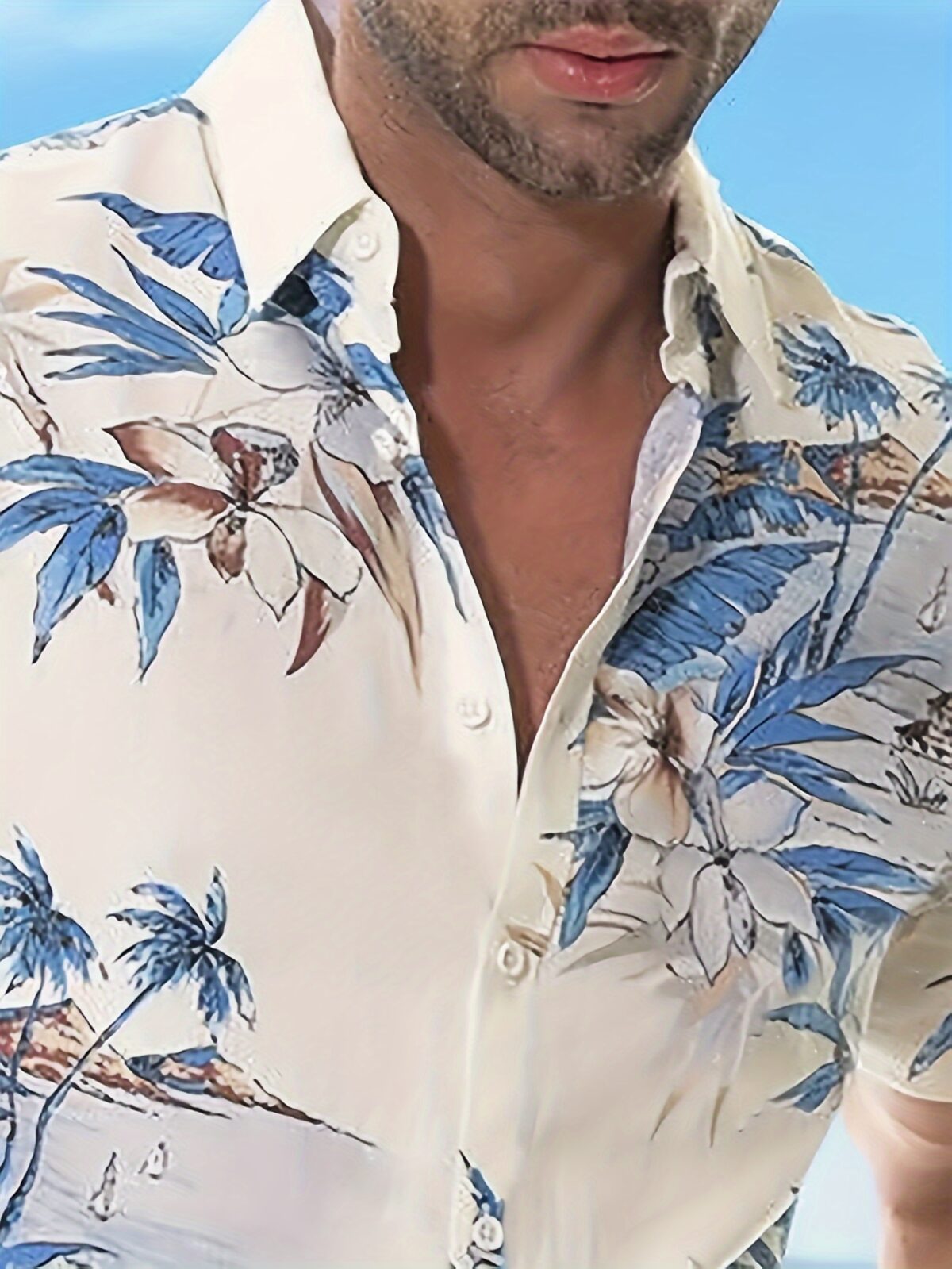 Model wearing the Riviera Escape Mens Hawaiian Outfit a stylish and breezy Hawaiian shirt and shorts perfect for summer adventures