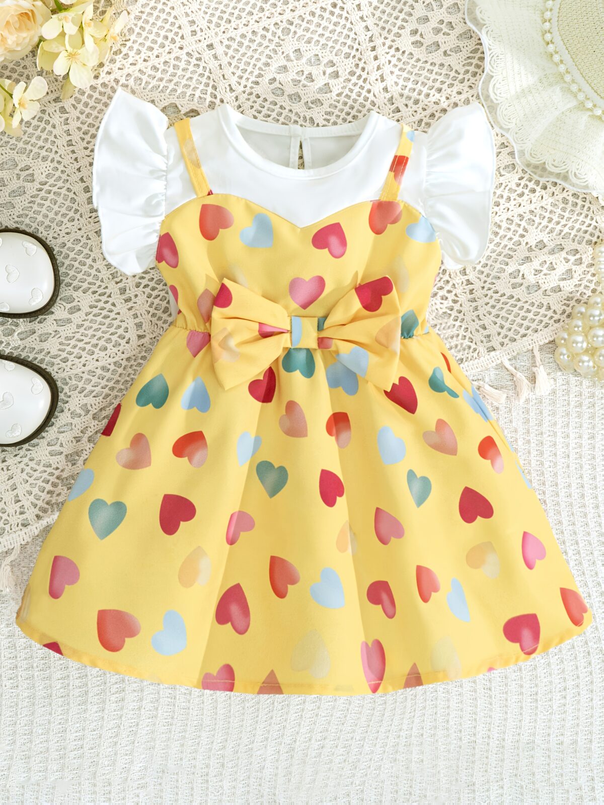 Adorable baby girl wearing a summer heart print dress perfect for school and special occasions