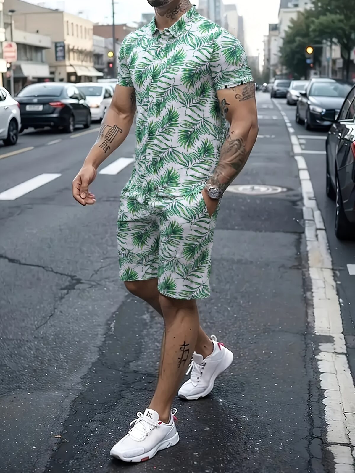 Stylish Riviera Palm Print Set Two piece outfit with vibrant palm print perfect for summer Model showcases the set