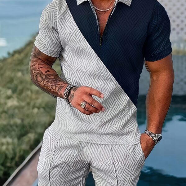 Monaco Riviera Geometric Print Suit by Newness A stylish two piece suit featuring a breathable polyester fabric and a modern geometric print perfect for summer