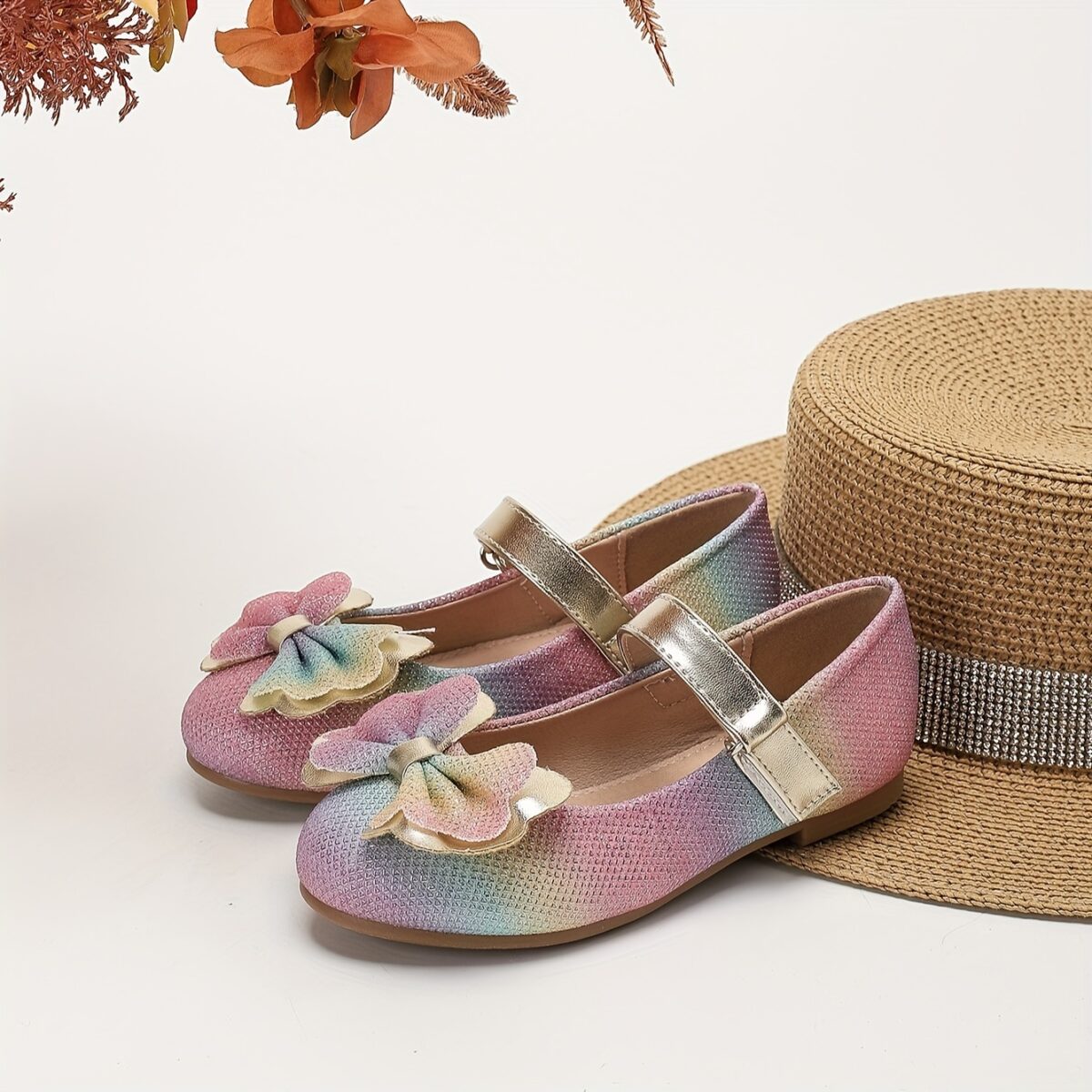 Adorable rainbow sparkly Mary Jane flats for girls perfect for adding a touch of sparkle to any outfit Comfortable and stylish kids shoes from Newness
