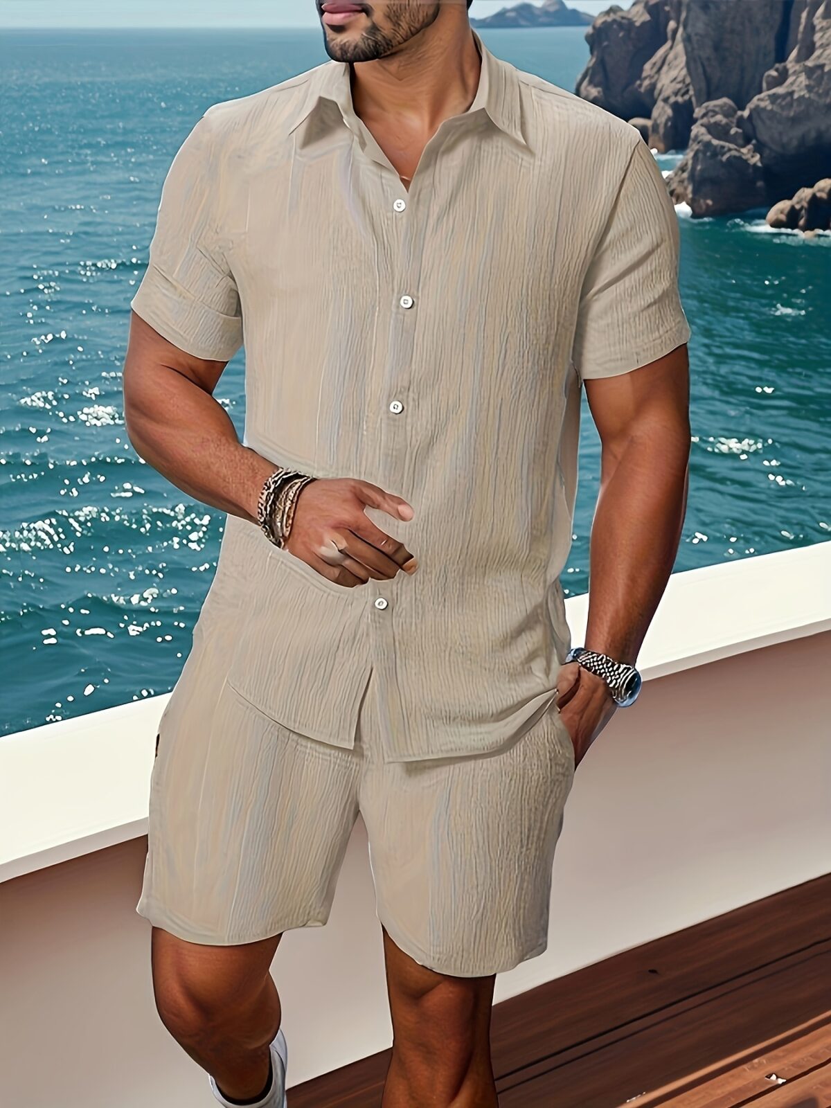 The Newness Riviera Escape Mens Summer Set a stylish and comfortable two piece outfit perfect for summer shown in detail