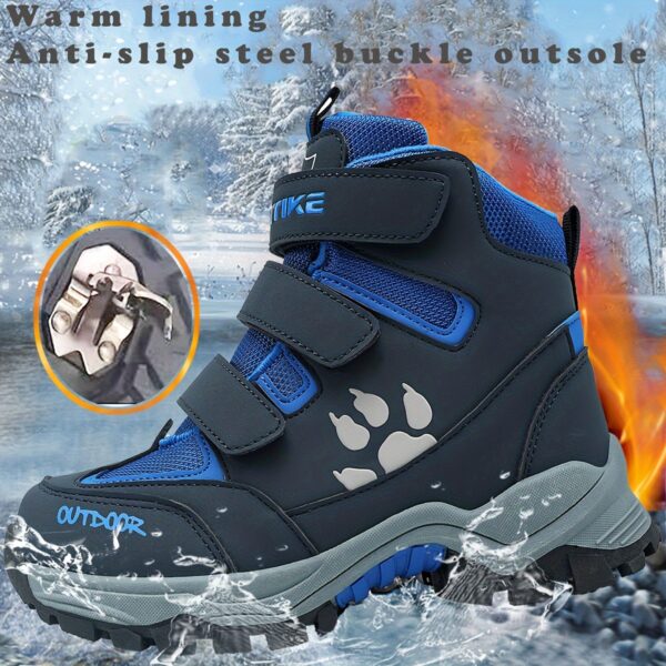 Stylish and durable FANGFIUP Kids Winter Boots perfect for snowy adventures These boots are shown in action with a child playing in the snow