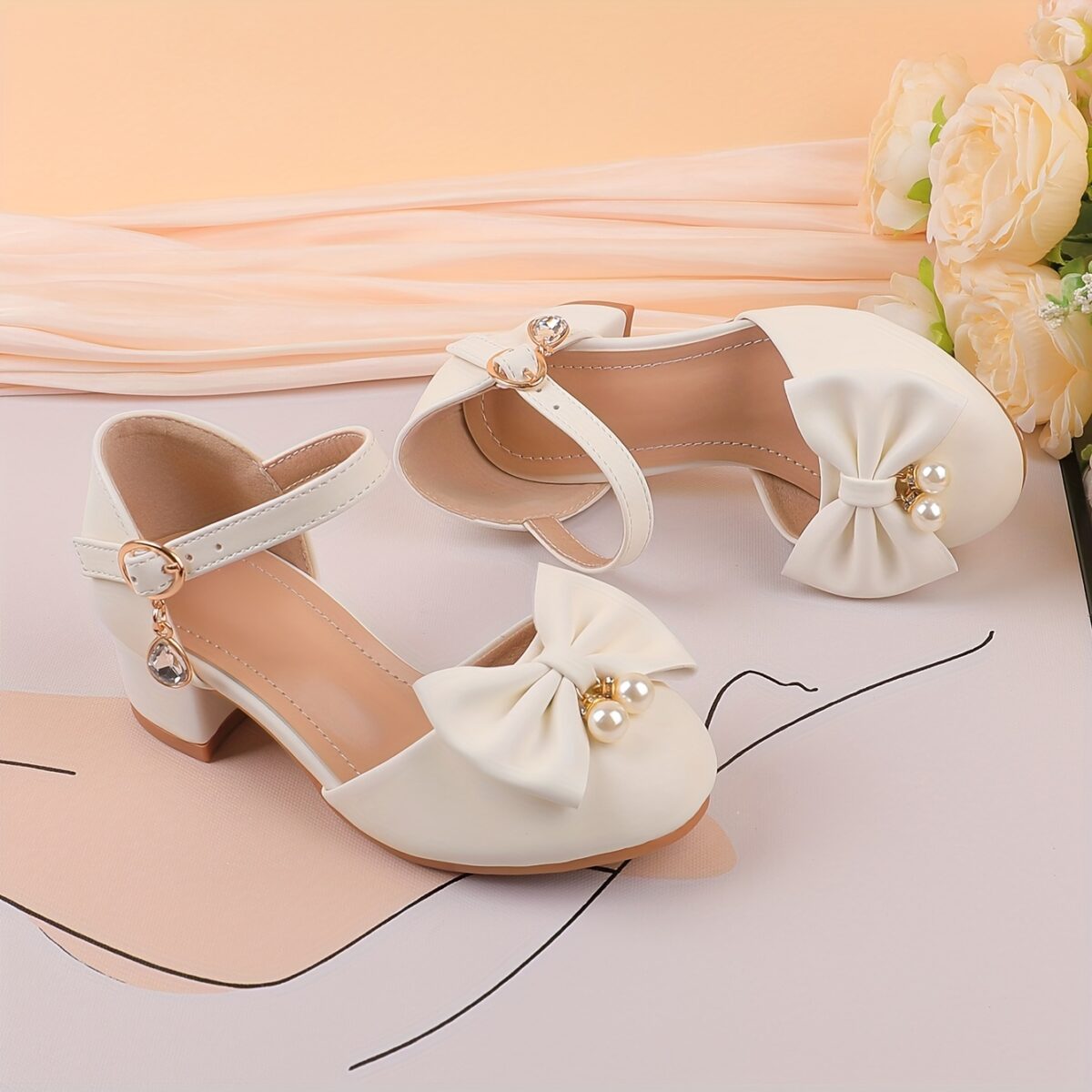 Adorable girls Pearl  Bow Mary Janes in white perfect for weddings parties and special occasions Featuring delicate pearls and charming bows