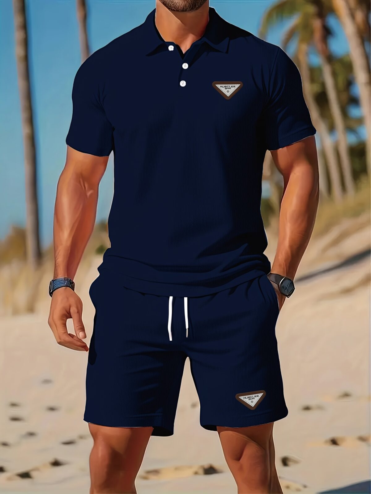 Newness Riviera Escape Mens Navy Polo Set A stylish navy polo shirt and shorts set perfect for summer The model is wearing the set looking relaxed and confident