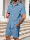 The Newness Riviera Escape Mens Summer Set A stylish and comfortable two piece outfit perfect for summer The model is wearing a crisp white shirt and coordinating shorts