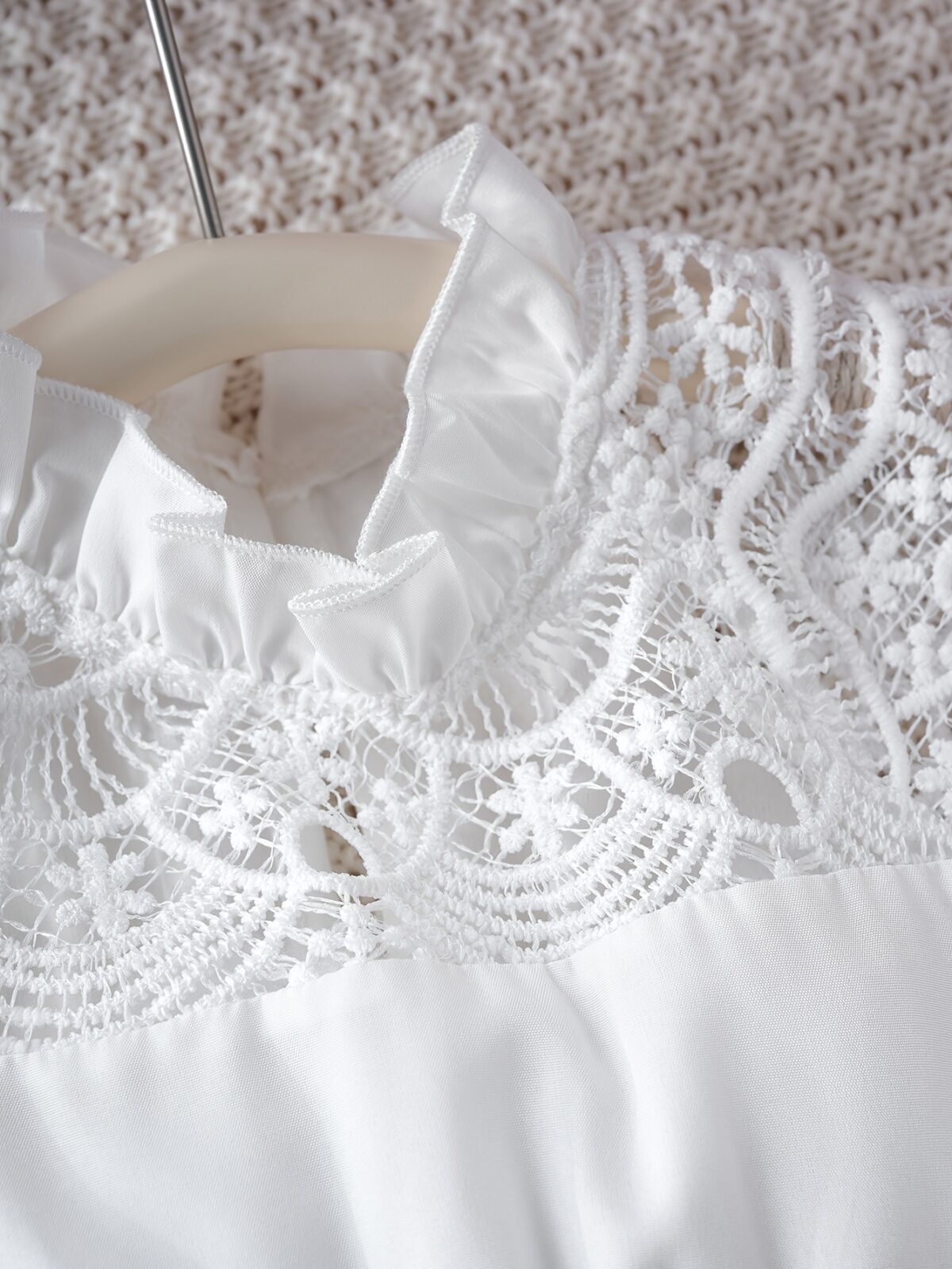 Adorable girl wearing a white Summer Bloom Lace Trim Dress showcasing its delicate lace details and summery style