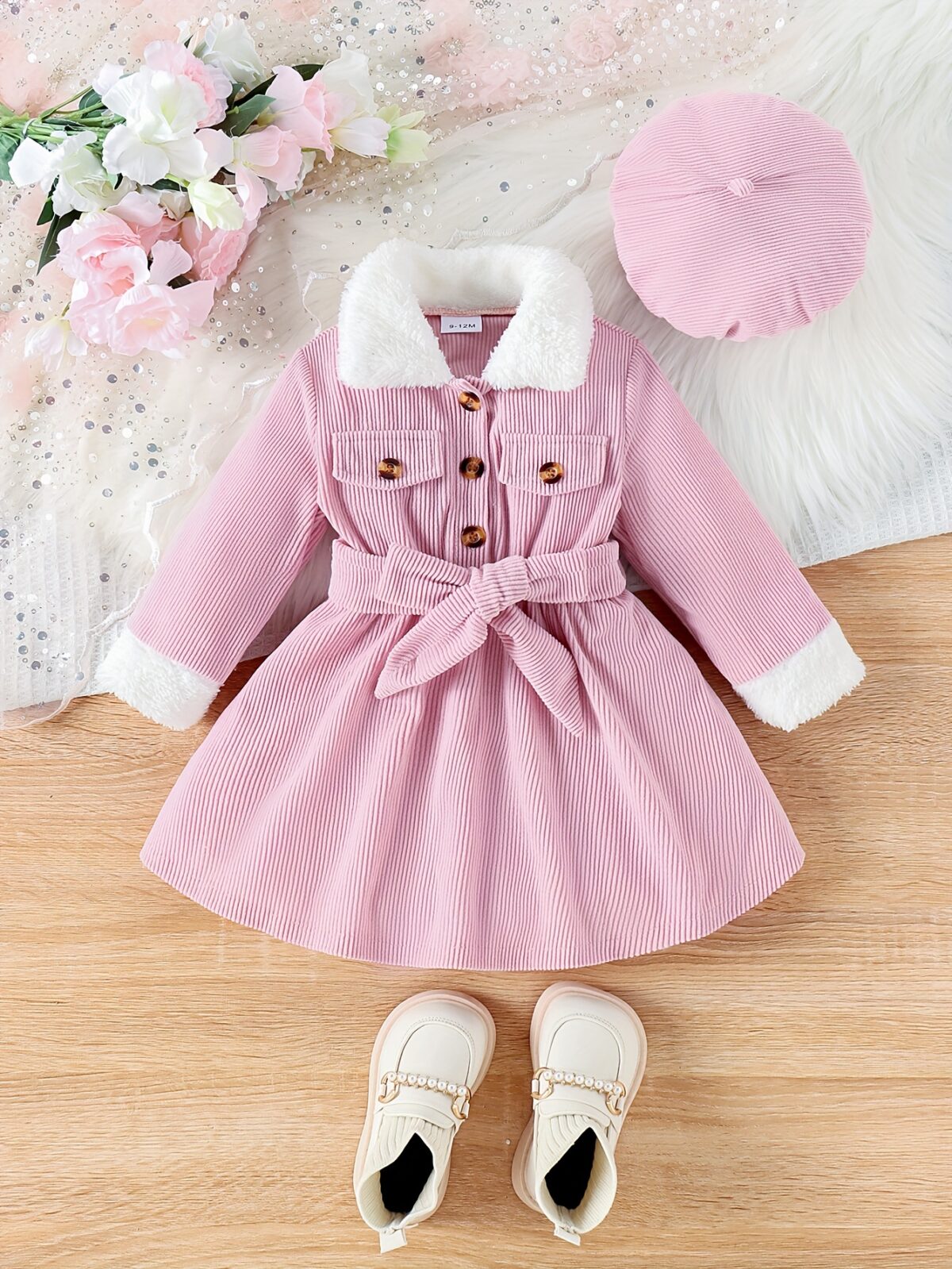 Adorable baby girl wearing a cozy corduroy dress set in fall colors perfect for autumn and winter The outfit includes a dress and matching pants