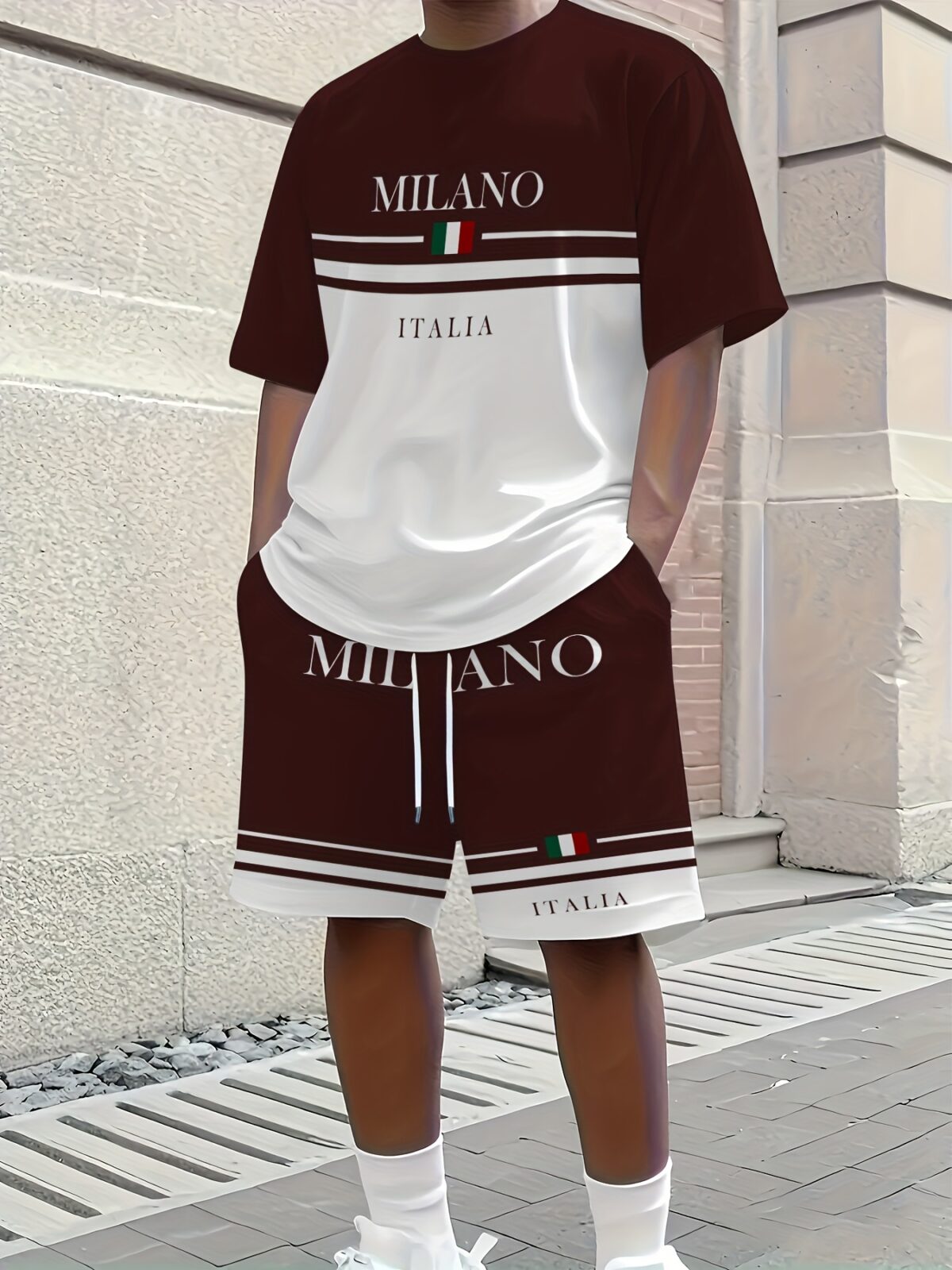 Sharp and sophisticated the Newness Milan Inspired Mens Summer Set in premium polyester Model showcases the effortlessly cool summer style of the matching shirt and shorts