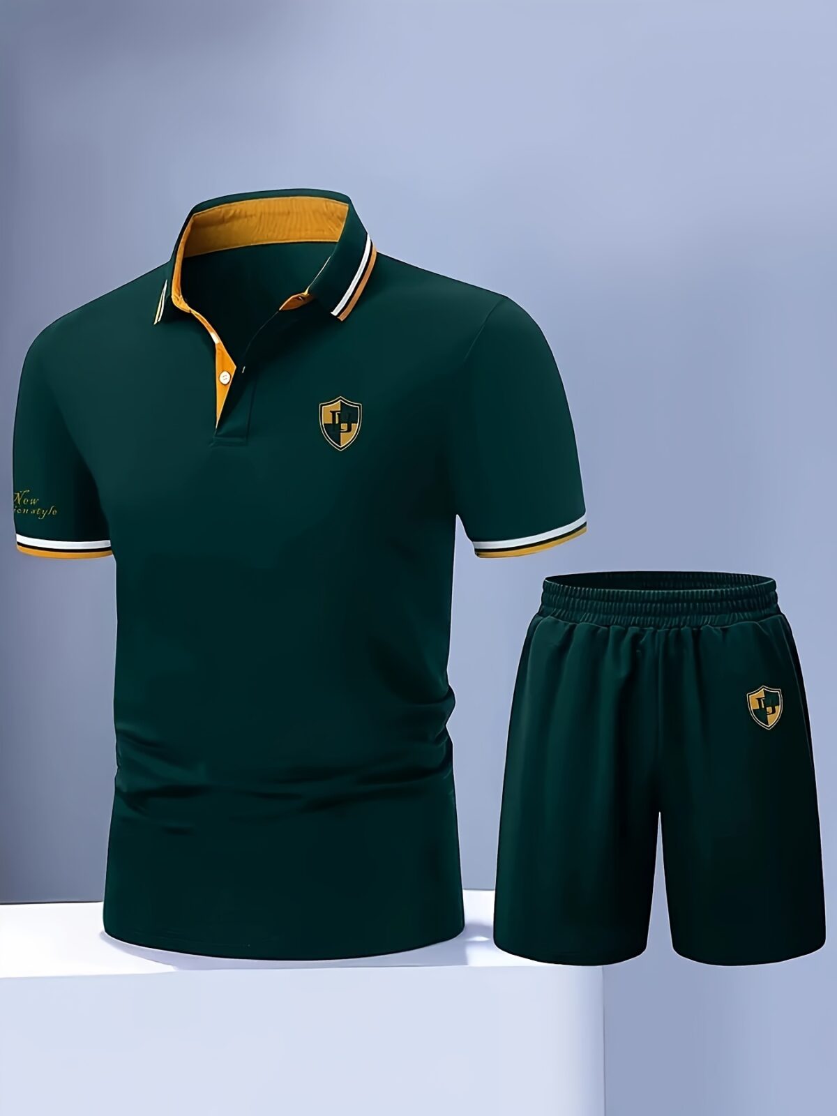 Newness Riviera Escape Mens Summer Set A stylish and comfortable two piece outfit perfect for summer Model showcases the breathable polyester fabric and modern look