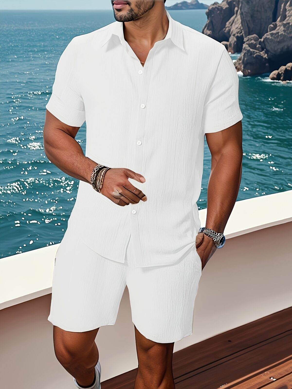 Effortless Chic Mens Summer Set in breathable polyester perfect for warm weather Model showcasing the stylish two piece outfit
