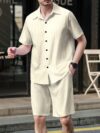 Newness Riviera Breeze Mens Summer Set A stylish two piece outfit in breathable polyester perfect for summer Model showcases the modern fit and comfort