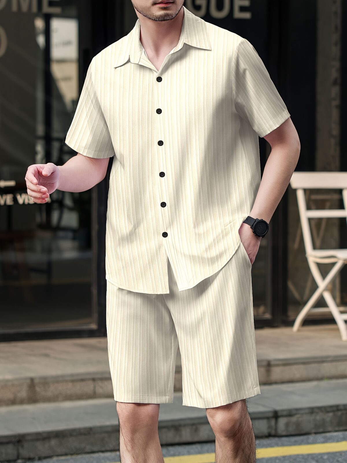Newness Riviera Breeze Mens Summer Set A stylish two piece outfit in breathable polyester perfect for summer Model showcases the modern fit and comfort