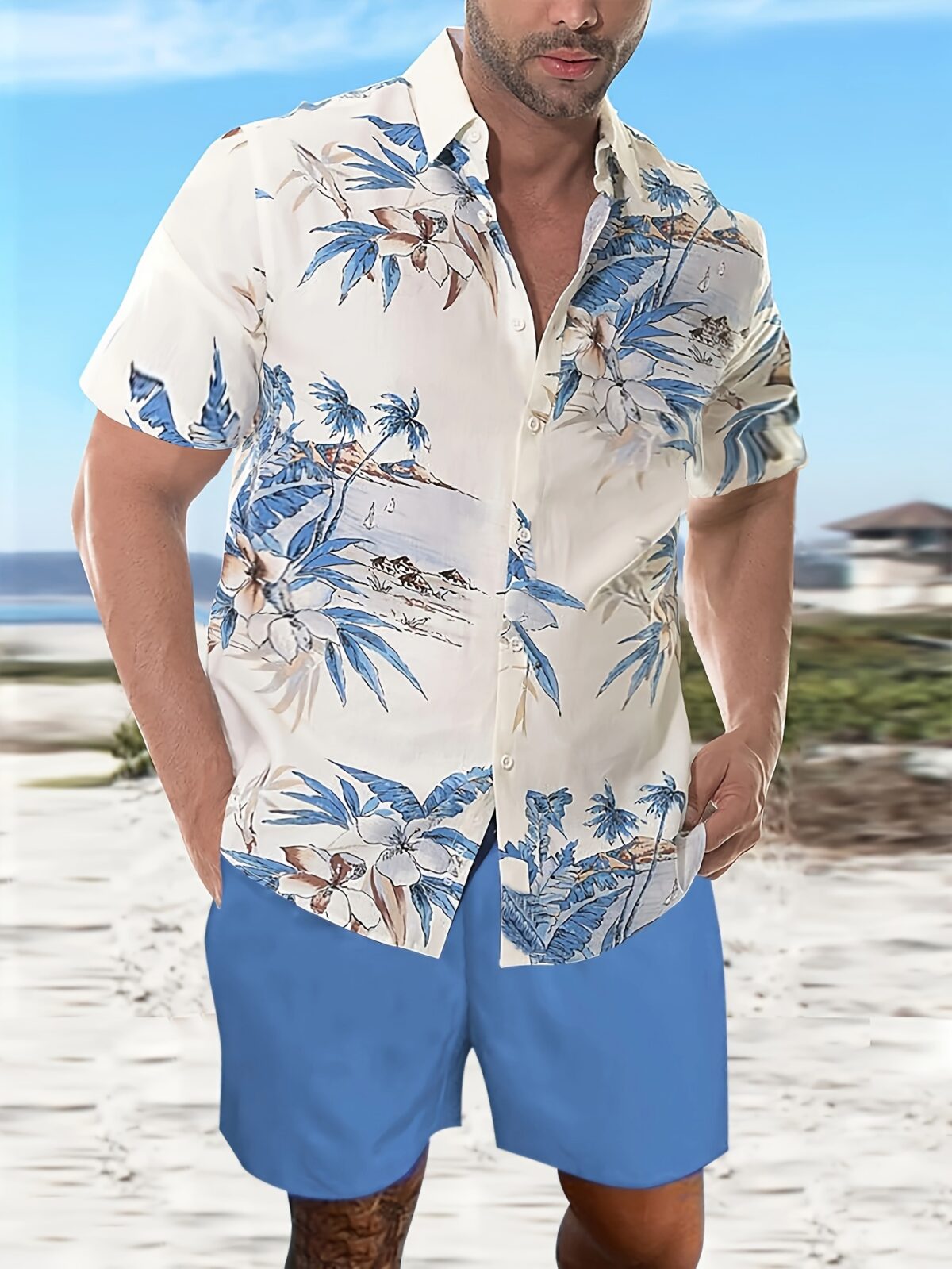 Model wearing the Riviera Escape Mens Hawaiian Outfit a stylish and breezy Hawaiian shirt and shorts perfect for summer adventures