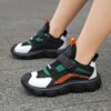 Newness Velocity Stripe Boys Running Shoes Lightweight breathable running shoes perfect for school and play Image shows stylish blue and white striped shoes