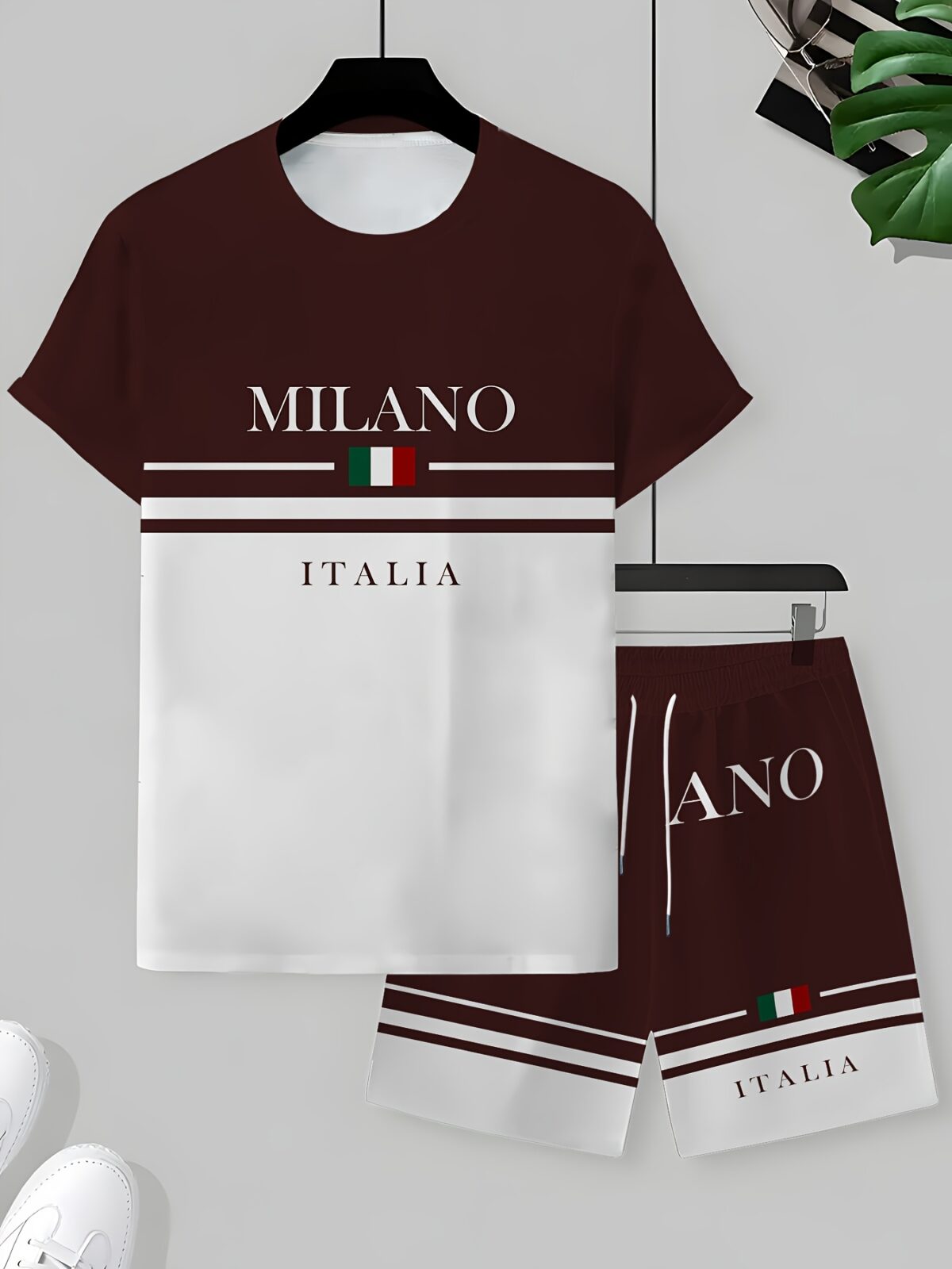 Sharp and sophisticated the Newness Milan Inspired Mens Summer Set in premium polyester Model showcases the effortlessly cool summer style of the matching shirt and shorts