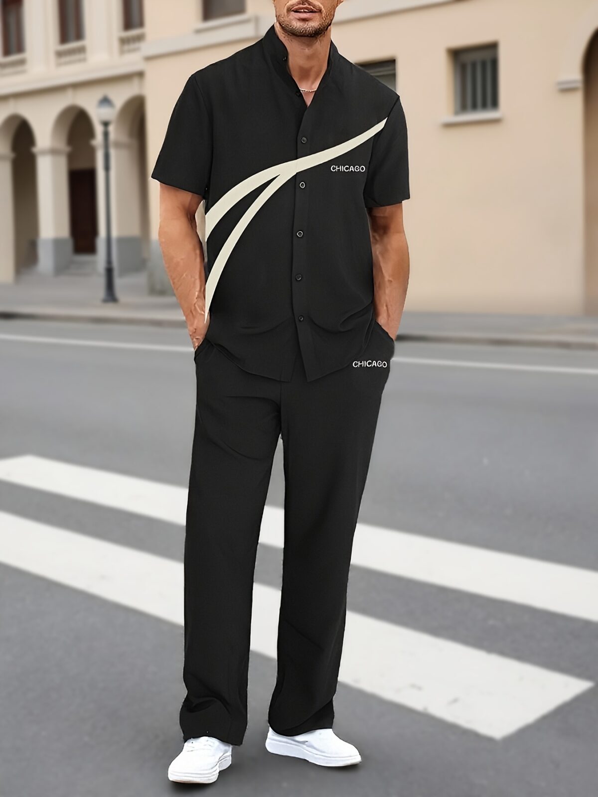 Newness Chicago Mens Casual Two Piece Set Stylish letter print two piece outfit perfect for any casual occasion