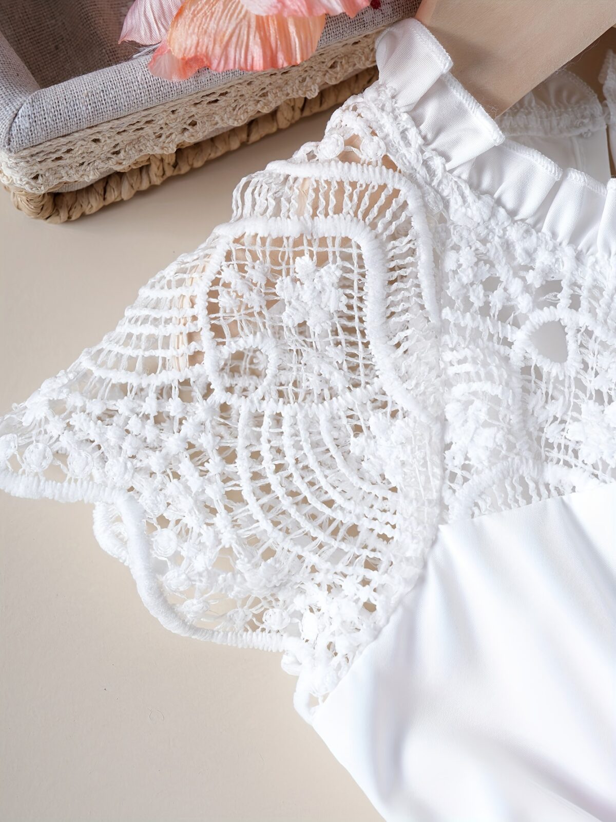 Adorable girl wearing a white Summer Bloom Lace Trim Dress showcasing its delicate lace details and summery style
