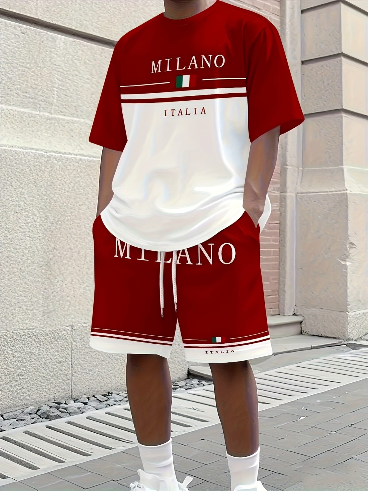 Sharp and sophisticated the Newness Milan Inspired Mens Summer Set in premium polyester Model showcases the effortlessly cool summer style of the matching shirt and shorts