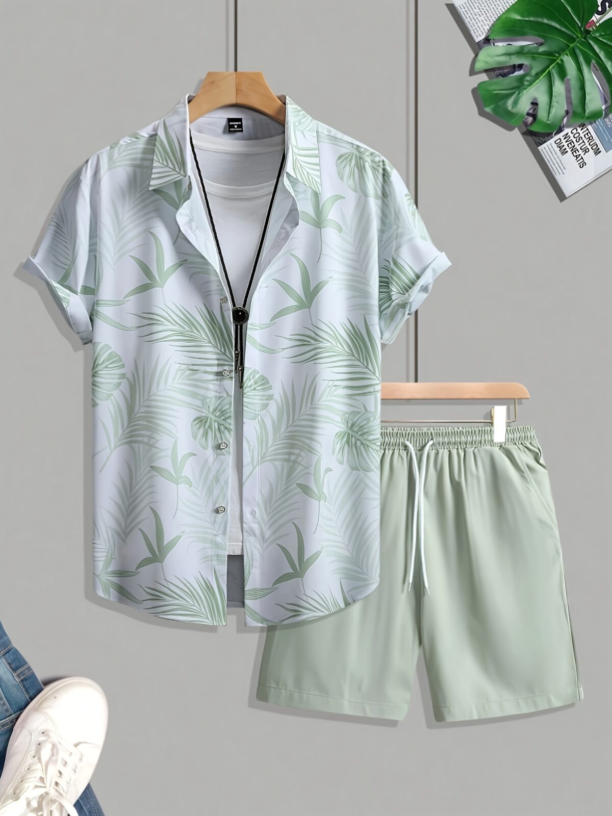 Stylish Riviera Escape Printed Shirt and Shorts Set in lightweight polyester from Newness Perfect for summer