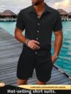 Newness Riviera Breeze Mens Summer Set A stylish two piece outfit in breathable polyester perfect for summer Model showcases the modern fit and comfort