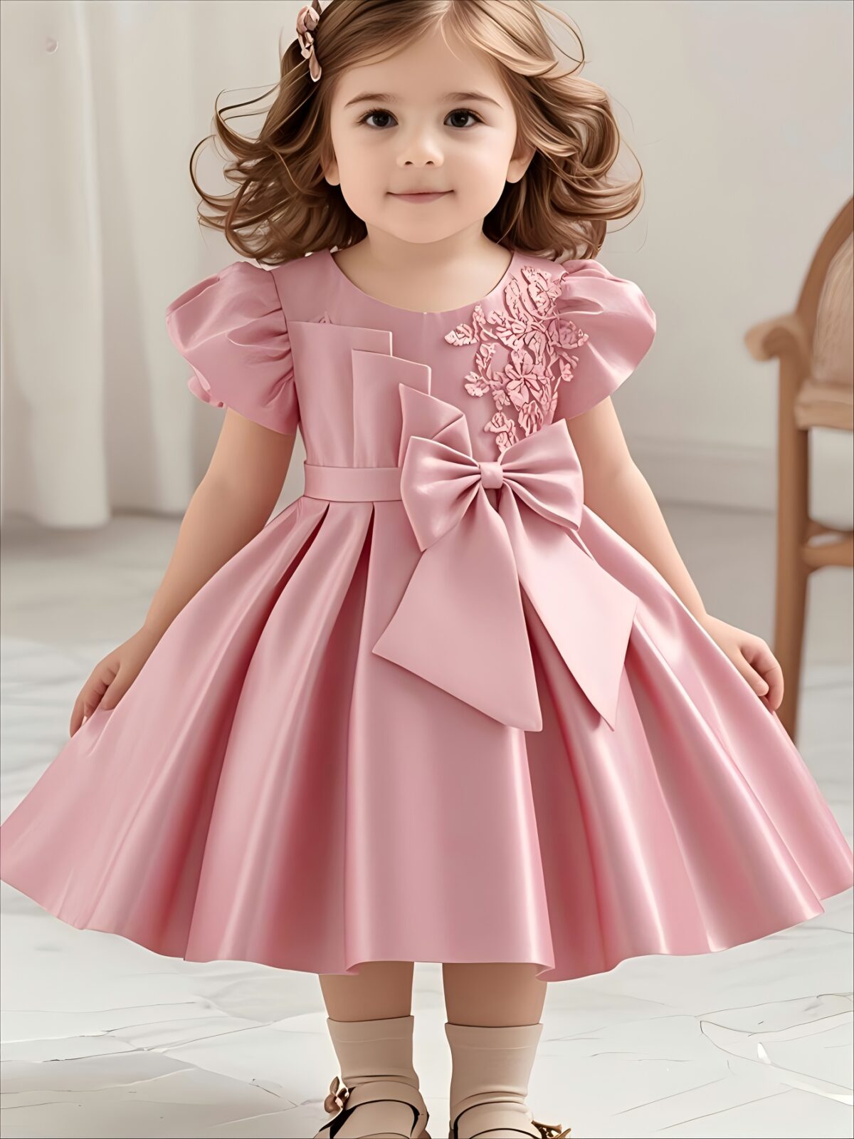 Adorable girl twirling in a lavender colored party dress perfect for birthdays and special occasions The dress features exquisite detailing and a flattering silhouette