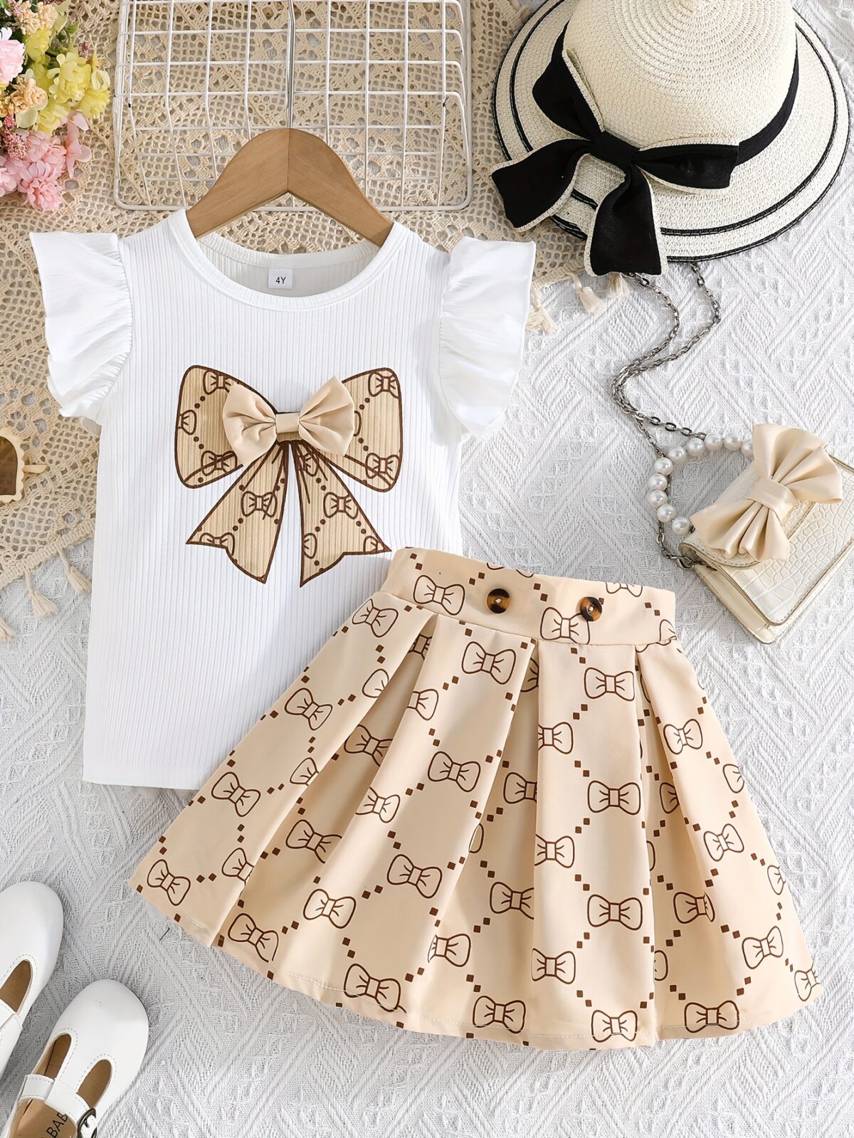 Adorable girls summer outfit Newnesss Summer Playdate Bow Skirt Set A charming two piece set featuring a stylish bow skirt and coordinating top