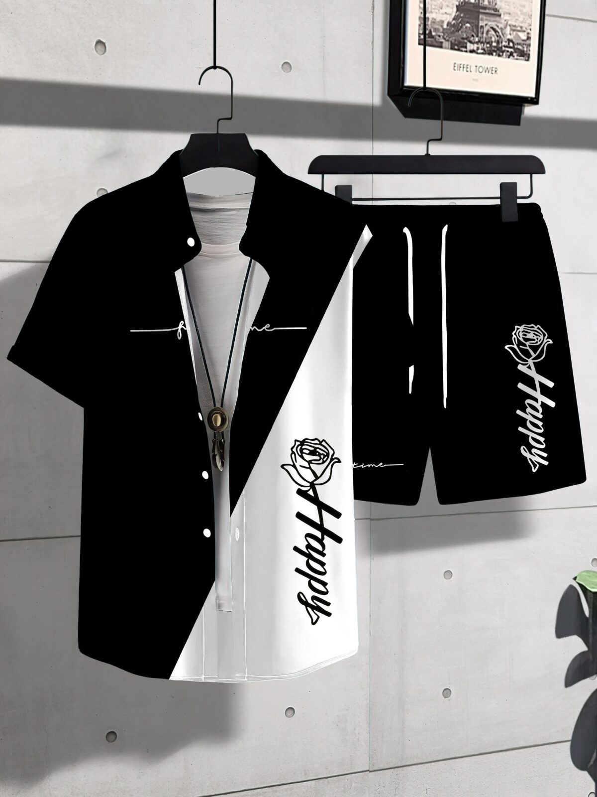 Stylish monochrome printed shirt and shorts set in breathable polyester perfect for summer Model is wearing the matching shirt and shorts