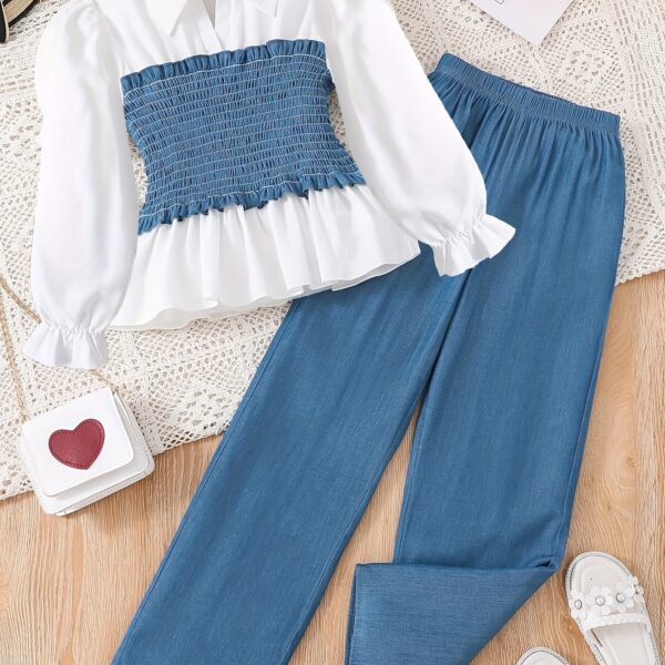 Adorable girls denim set perfect for autumn Featuring stylish denim jacket and pants ideal for casual outings