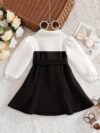 Adorable baby girl wearing a Petite Darling Color Block Dress perfect for birthdays or back to school photos The dress features a vibrant color block design