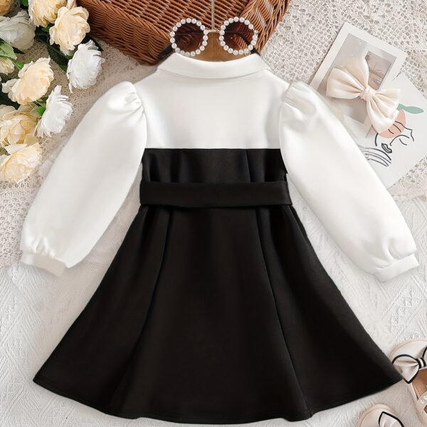 Adorable baby girl wearing a Petite Darling Color Block Dress perfect for birthdays or back to school photos The dress features a vibrant color block design