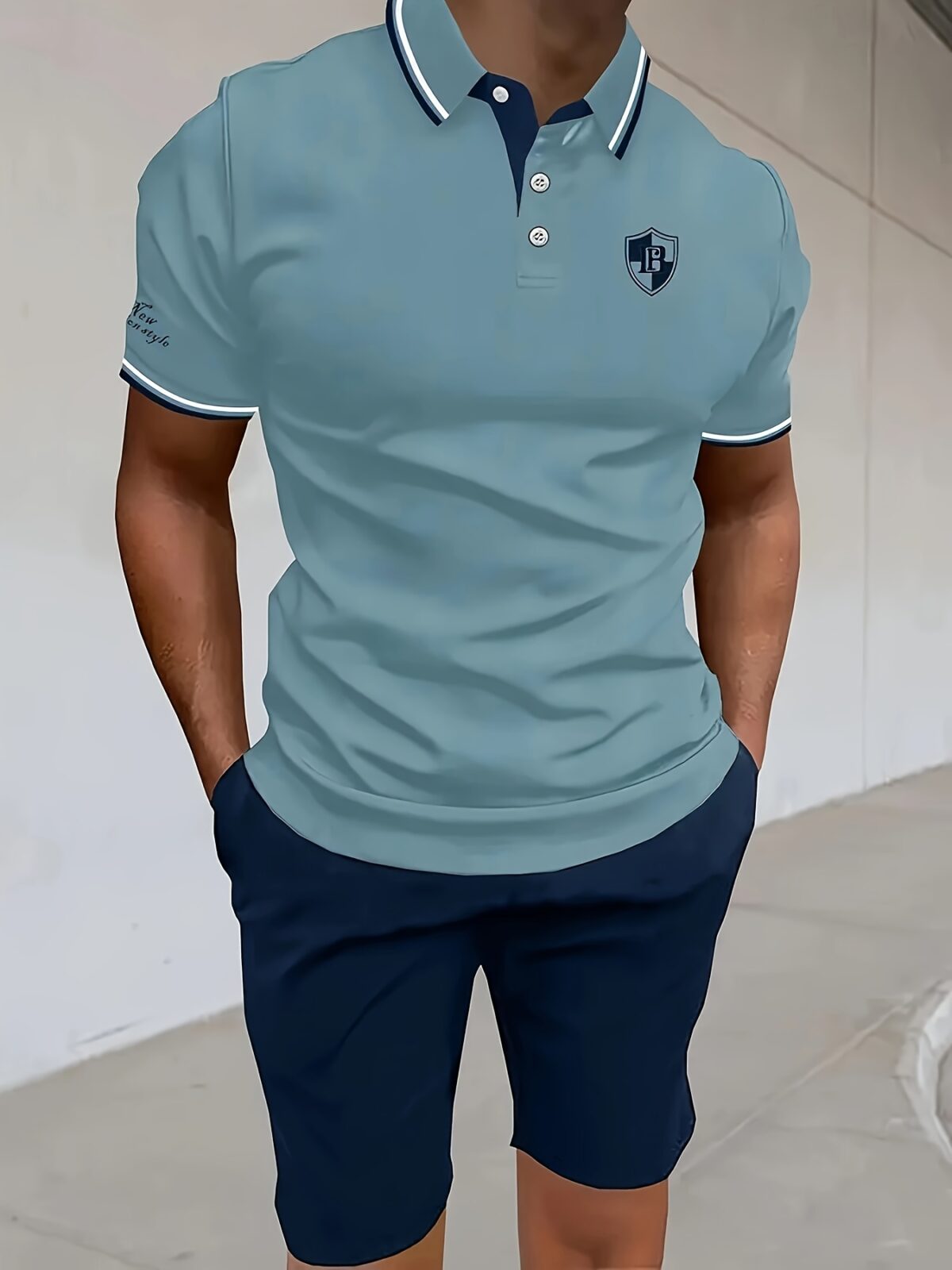 Newness Riviera Escape Mens Summer Set A stylish and comfortable two piece outfit perfect for summer Model showcases the breathable polyester fabric and modern look