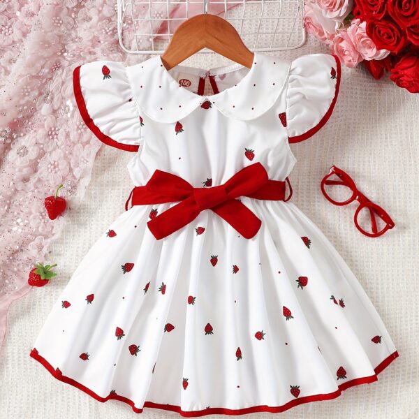 A charming girl twirls in a delightful strawberry print sundress perfect for summer The dress features a vibrant red strawberry pattern on a white background