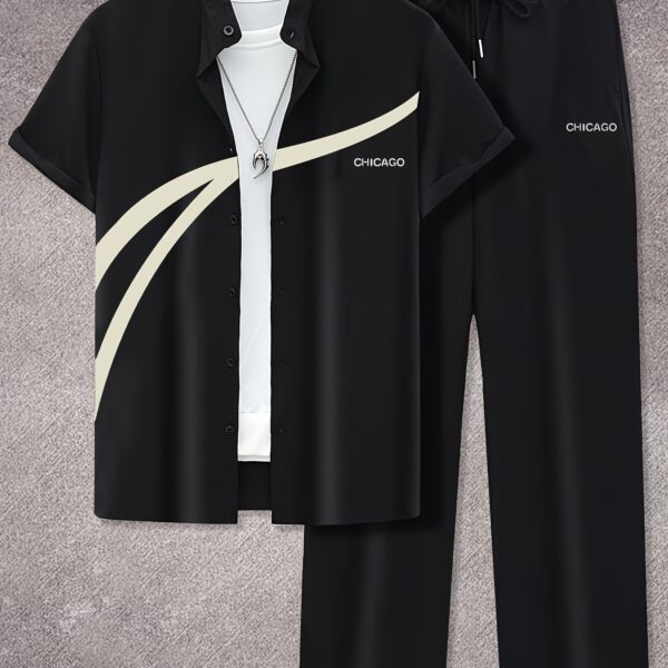 Newness Chicago Mens Casual Two Piece Set Stylish letter print two piece outfit perfect for any casual occasion