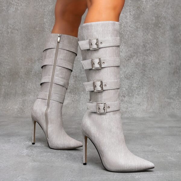 Newness Ascension Stiletto Buckle Boots Elevate your look with these stunning stiletto boots featuring a chic buckle detail