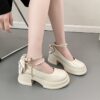Elevate your back to school style with Newnesss Pearl Embellished Mary Jane Pumps These stylish pumps feature delicate pearl embellishments and a classic Mary Jane design