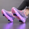 Girl wearing Newness Galaxy Lights LED Roller Skates stylish and safe roller skates with colorful LED lights